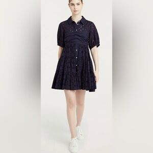 Cinq a Sept NWT Alexie Dress 100% Cotton Navy Eyelet Lace Tie Mini Dress Size 8